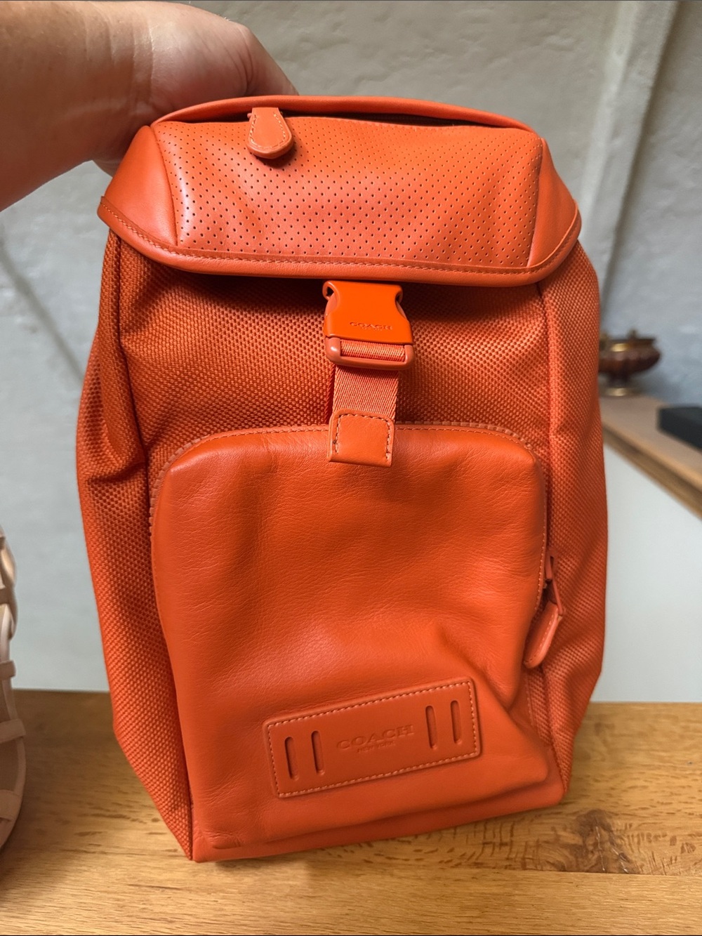 Coach Orange Leather & Mesh Crossbody Backpack - Picture 1 of 3